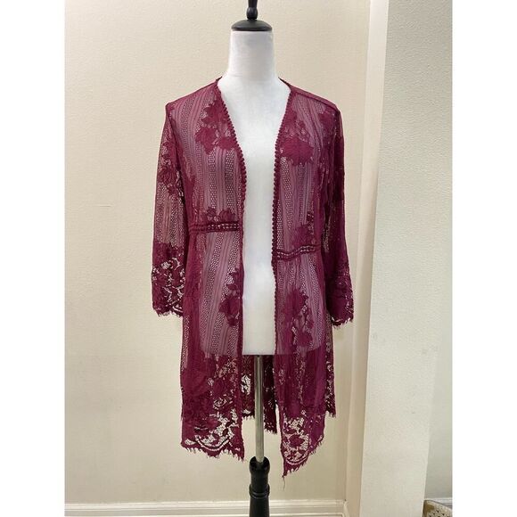 Miss Chievous Floral Lace Crochet Kimono Burgundy Brick Nylon Fall Boho Size M - Picture 3 of 9